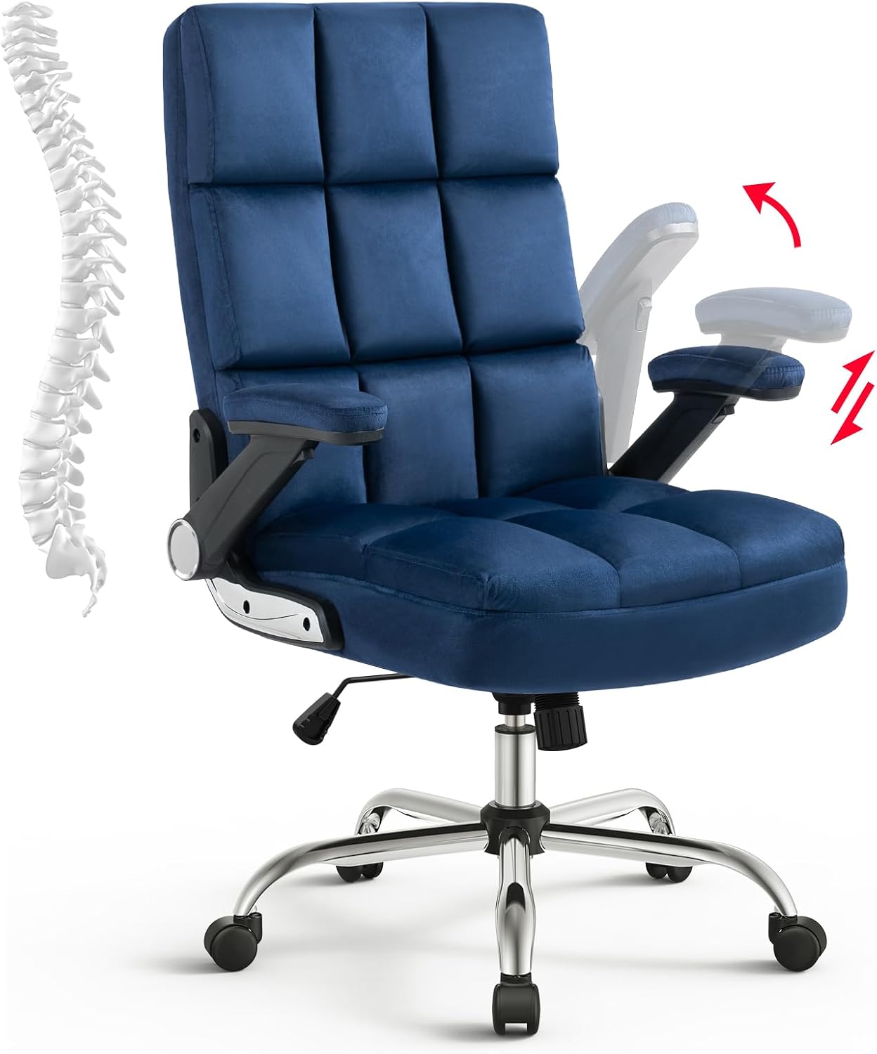 SEATZONE High Back Fabric Home Office Chair with Swivel, Executive Computer Desk Adjustable Tilt and Flip-up Armrest, Comfy Thick Padding Ergonomic (Navy Blue)