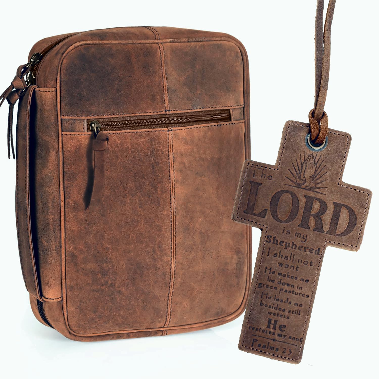 ELIZO Leather Bible Cover for Men Bible Case Women Holder Carrying Organizer Wrap Sleeve Protector Christian Religious Gift Cross Bookmark  Large Grizzly