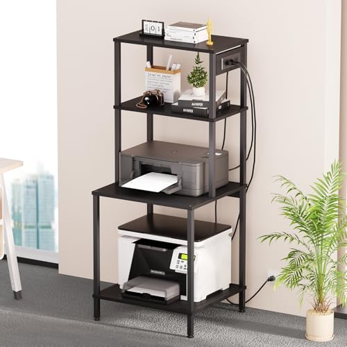 Printer Stand with Charging Station, 49" Tall 4-Tier Printer Stand with Storage, Large Printer Table for Home Office, Kitchen, Living Room, PrinterCart Beside Desk for Printer, Scanner (Black)