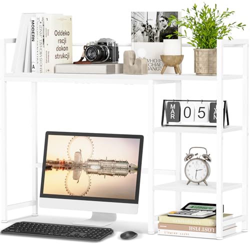 Snughome Desk Shelf, 38.6" Desktop Organizer Shelf, Desk Hutch for Computer Monitor, 4 Tier Desktop Display Rack, Wood Desktop Bookshelf Storage Rack for Home Office Dorm, White