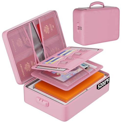 DocSafe 5200F Document Organizer with Lock, Upgraded Heat Insulated Fireproof & Waterproof Box 8 Layers File Organizer, Portable Home Travel Safe Storage for Important Documents, Files, Pink (Soft)