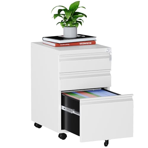 MIIIKO 3 Drawer File Cabinet on Wheels, Home Office Mobile File Drawers Under Desk, Full Assembled White Filing Cabinets with Lock for Legal/Letter/A4 File Folders