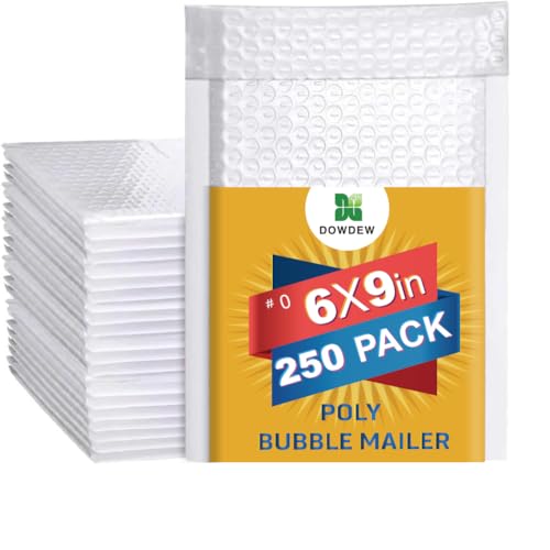 Water Resistant Bubble Envelope Mailers [250 Pack] 6 inch x 9 inch #0 White Poly Padded Shipping Envelopes Self Sealing Cushioned Packaging Bags
