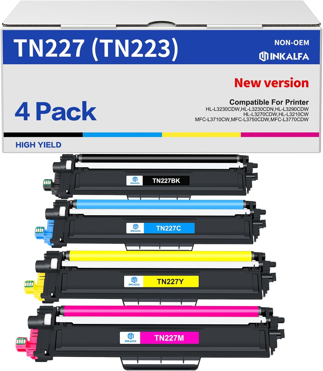 TN227 High Yield Toner Cartridge 4 PACK: TN-227BK/C/M/Y Replacement for Brother TN227 TN-223BK/C/M/Y TN223 TN 227 MFC-L3770CDW HL-L3270CDW HL-L3290CDW MFC-L3750CDW MFC-L3710CW Printer (TN223 BK/C/M/Y)