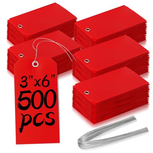 XUWAIDSGN 500 Pieces Plastic Shipping Tags with Wire Waterproof Hang Tags Heavy Duty Labeling Tags with String Wires Tags Labels Labeling Tags Stacking Tags for Equipment Car Parts (Red, 3x6)