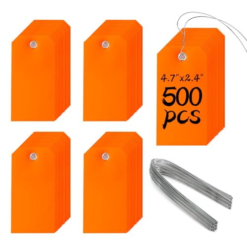 500 Pieces Plastic Shipping Tags with Wire Waterproof Labels Wires Tags with String for Equipment Car Parts (Orange, 4 3/4 x 2 3/8)