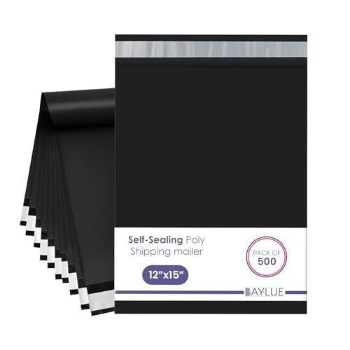 Black Large Poly Mailers 12x15.5 Inch | Strong Adhesive Self-Seal Mailer Bag | Tear, Tamper, Water Resistant Shipping Envelopes | Thick Strong polymailer Bags | Clothing Shipping Bags | 500 Pcs Bulk