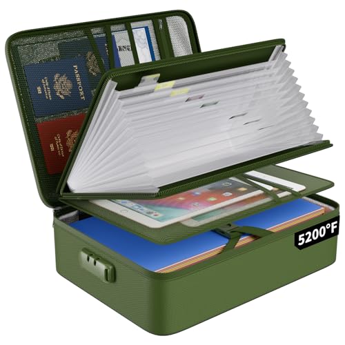 ENGPOW 5200F Fireproof File Organizer Bag with 13 Pocket Accordion File Folder,Document Organizer Box with Lock&Labels,Multi-Layer Portable Home Travel Safe Storage for Important Documents,Green