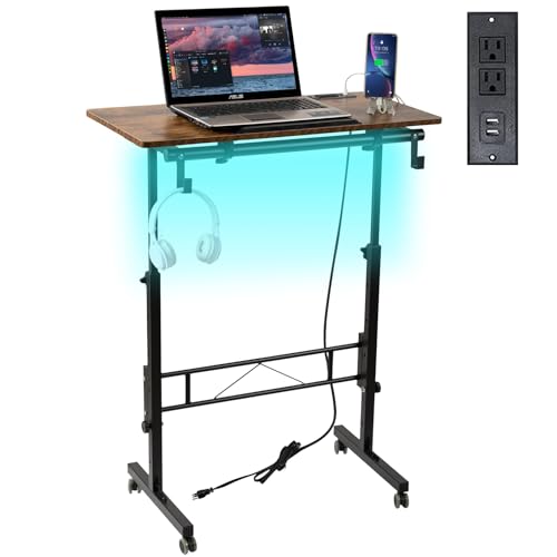 SIDUCAL Standing Desk Height Adjustable with Tiltable Tabletop, Rolling Laptop Desk with Charging Station, Sit Stand Portable Stand Up Desk with Wheels, Rustic Brown