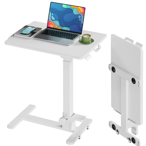 Foldable Mobile Standing Desk, 27 Inch Small Rolling Laptop Cart Height Adjustment, 90 Tiltable Bedside Table, No Assembly Needed Portable Computer Workstation, White