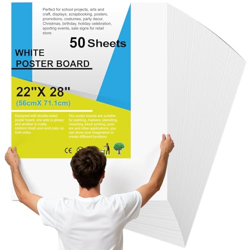 50Pcs 22" x 28" Poster Board White Poster Paper Bulk, ROOKEA 250 GSM Thickness Vision Boards Smart Poster Board for School Arts Craft Projects Presentations Drawing Scrapbooking Blank Graphic Display