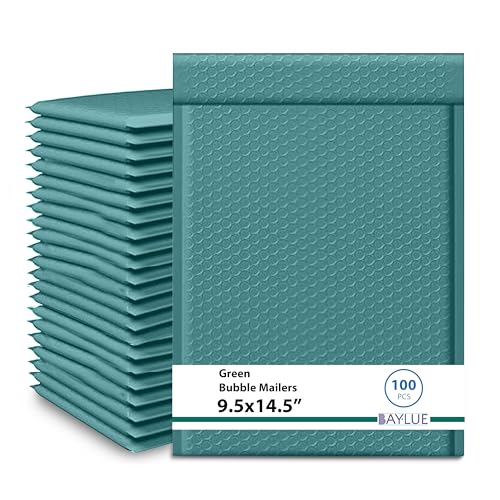 Green 9.5x14.5 Inch Poly Bubble Mailers #4 | Self Seal Large Padded Envelopes Air Cushioned Bubble Mailer | Usable Size 9.5x13 Inch | Waterproof Lightweight Mailing Shipping Bags | 100 Pack Bulk