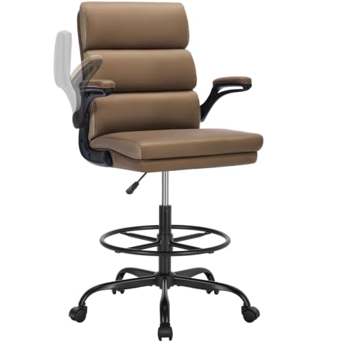 Drafting Chair Tall Office Chair with Padded Flip-up Armrests Executive Ergonomic Computer Standing Desk Chair with Comfortable Leather Backrest and Adjustable Footrest Ring (Tan)