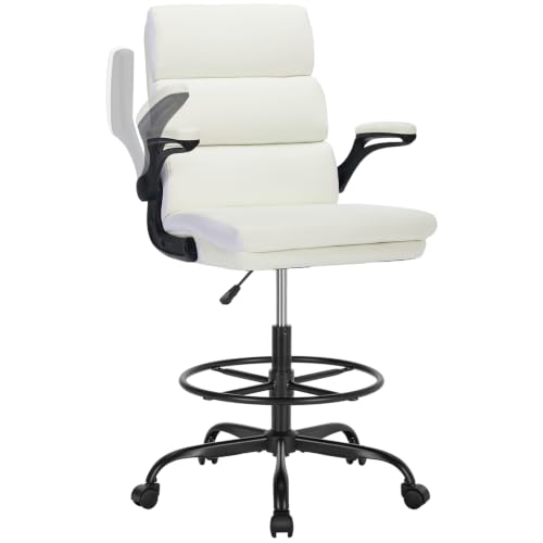 Drafting Chair Tall Office Chair with Padded Flip-up Armrests Executive Ergonomic Computer Standing Desk Chair with Comfortable Leather Backrest and Adjustable Footrest Ring (White)