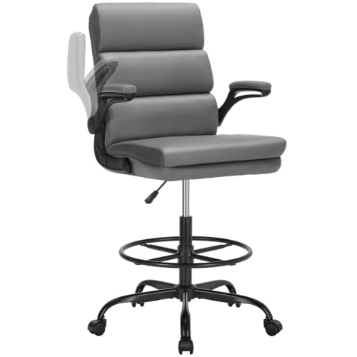 Drafting Chair Tall Office Chair with Padded Flip-up Armrests Executive Ergonomic Computer Standing Desk Chair with Comfortable Leather Backrest and Adjustable Footrest Ring (Gray)