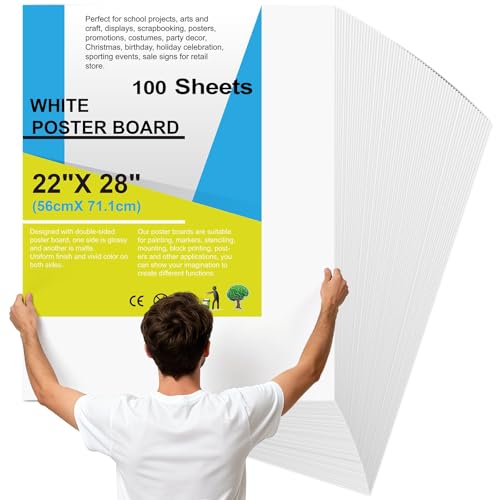 100Pcs 22" x 28" Poster Board White Poster Paper Bulk ROOKEA 250 GSM Thickness Vision Boards Smart Poster Board for School Arts Craft Projects Presentations Drawing Scrapbooking Blank Graphic Display