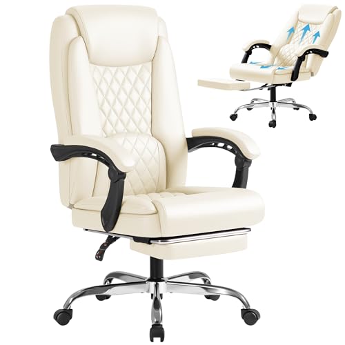 Furmax Office Chair with Footrest Ergonomic High Back Design Executive Computer Desk Chair400lbs, 90-135 Reclining Leather Home Office Desk Chairs Swivel Task Chairs with Wheels (Beige)