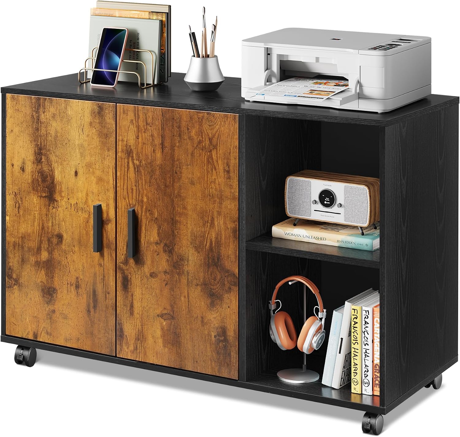 DEVAISE Office Storage Cabinet with Doors and Shelves, Lateral Printer Stand for Office Supplies and File Storage, Filing Cabinet for Home Office, Rustic Brown