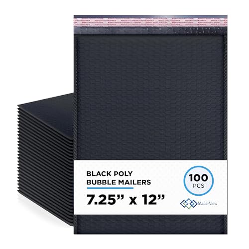 Black Poly Bubble Mailers 7.25x12 inch #1 | Self Seal Padded Envelopes | Cushioned Bubble Mailer | Usable Size 7.25x11 | WaterProof | Lightweight mailing Shipping Bags | 100 Pack Bulk | Made in USA