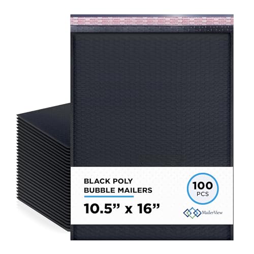 Black 10.5x16 Inch Large Poly Bubble Mailers #5 | Padded Envelopes with Self Seal | Air Lined Cushioned Bubble Mailer | Usable Size 10.5x15 | 100 Pack Bulk | Lightweight shipping Bags | Made in USA