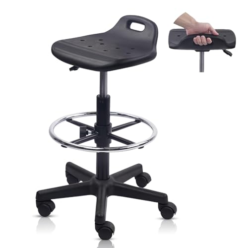 Drafting Rolling Stool Adjustable Height with Foot Rest Breathable Seat Cushion Swivel Stools with Wheels, Multi-Purpose Work Stool for Shop, Task, Salon, Black, 1 Pack