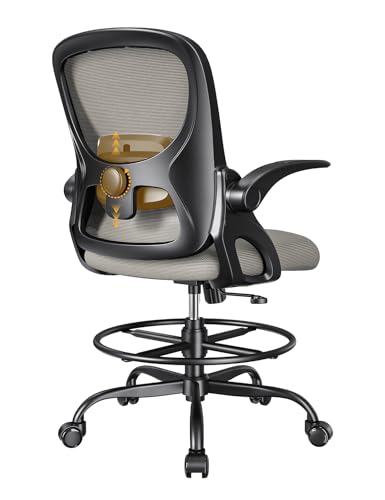 Drafting Chair,Tall and Standing Desk Chair with Flip-up Armrests, Ergonomic Comfy Lumbar Support and Adjustable Footrest Ring Office/Computer Chair (Black-Gray)