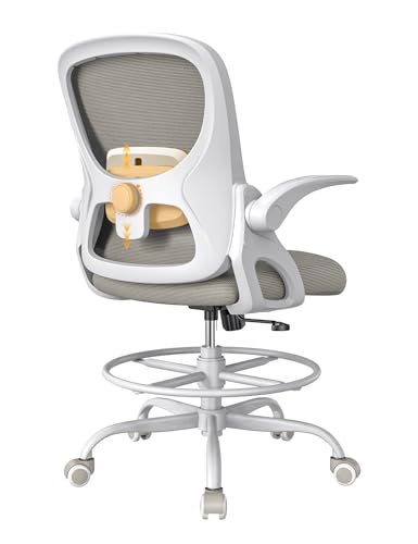 Drafting Chair,Tall and Standing Desk Chair with Flip-up Armrests, Ergonomic Comfy Lumbar Support and Adjustable Footrest Ring Office/Computer Chair (White-Gray)