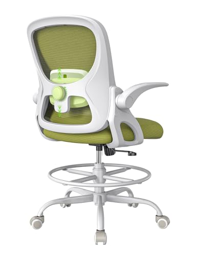 Drafting Chair,Tall and Standing Desk Chair with Flip-up Armrests, Ergonomic Comfy Lumbar Support and Adjustable Footrest Ring Office/Computer Chair (White-Green)