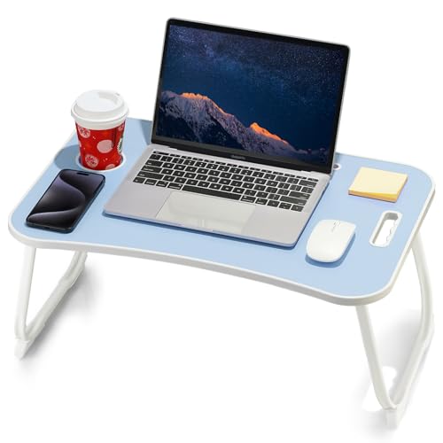 Laptop Bed Desk, Foldable Lap Desk, Portable Lap Table, Laptop Stand with Cup Holder & Tablet Slot & Lifting Handle for Working Writing Drawing & Eating - Blue