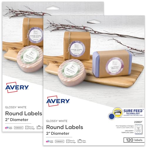 Avery Printable Round Labels with Sure Feed Technology, Glossy White Labels, 2" Diameter, Permanent Adhesive, Laser/Inkjet, 120 Per Pack for 240 Glossy Total (2-Pack of 22807)