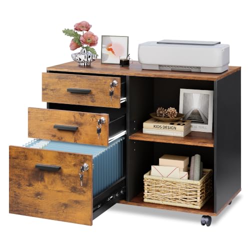 DEVAISE 3-Drawer Wood File Cabinet with Lock, Mobile Lateral Filing Cabinet, Printer Stand with Open Storage Shelves for Home Office, Rustic Brown