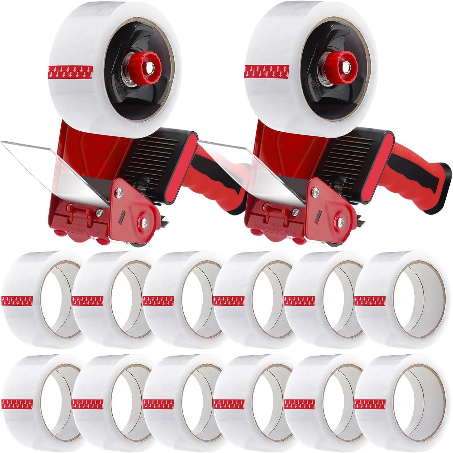 2 Pack Packing Tape Dispenser Gun with 12 Roll Packing Tape 2 Inch Gun 2.7 Mil Heavy Duty Packaging for Shipping, Moving, Carton and Box Sealing(Black and Red)