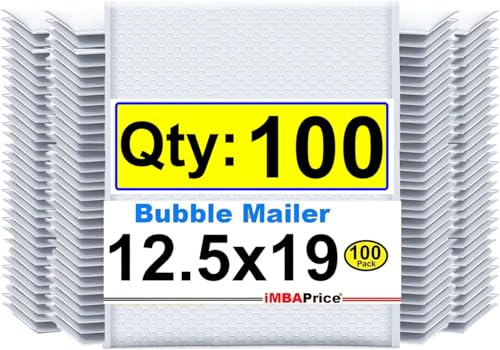iMBAPrice 12.5x19 Inch White Poly Bubble Mailers #6, 100-Pack Extra Large Padded Envelopes, Self-Seal Polybubble Shipping Bags for Mailing & Packaging