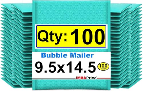 iMBAPrice 9.5x14.5 Inches Teal Color Polybubble Bag, 100-Pack Large Size #4 Self Seal Poly Bubble Mailers Padded Packing Envelopes (Total 100 Bags)
