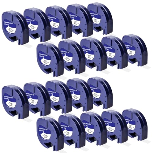 Hehua 91330 10697 Label Maker Tape Refill 20PK, Compatible with Dymo Letratag Refills 12mm x 4m 1/2 x 13 Black on White Paper Work with Dymo Letra Tag Label Maker LT-100H 100T 110T 200B QX50 XM 2000