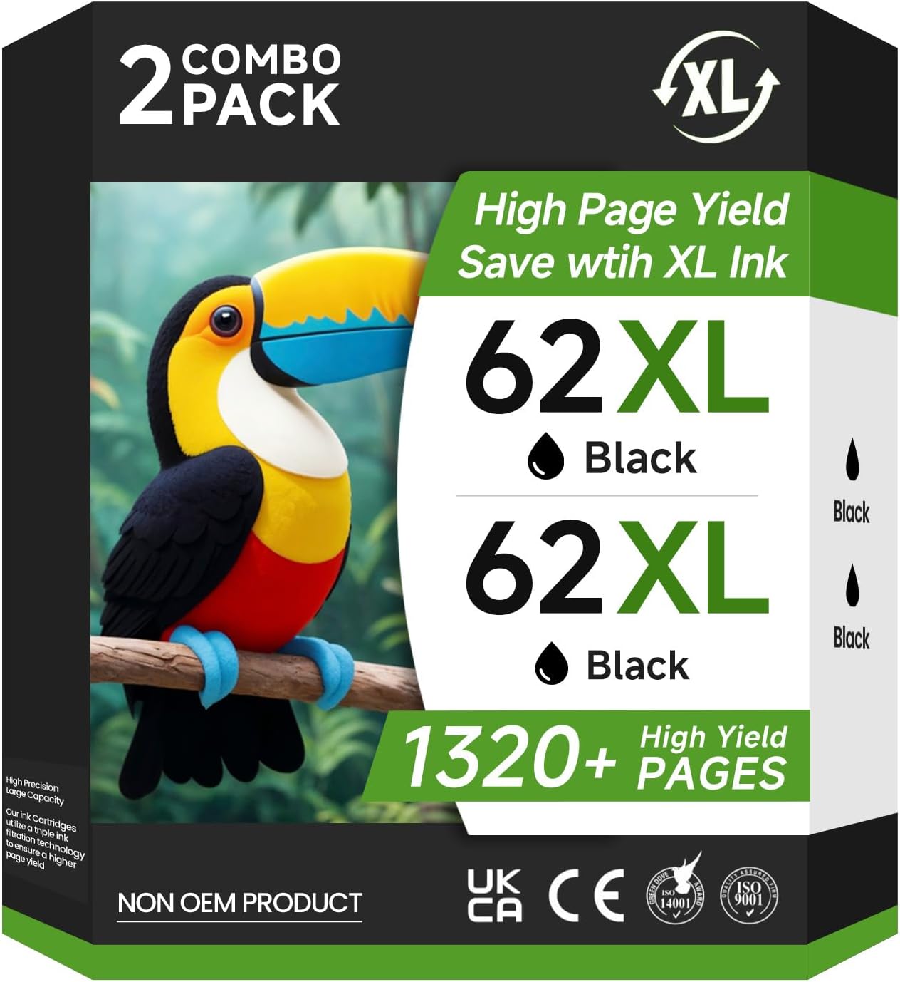 62XL Ink Cartridges Black High Yield Replacement for HP 62 Ink 62XL Ink for HP Envy 7640 7645 5540 5549 5640 5660 for OfficeJet Mobile 250 200 for OfficeJet 5740 5741 8040 Printer (2 Black)