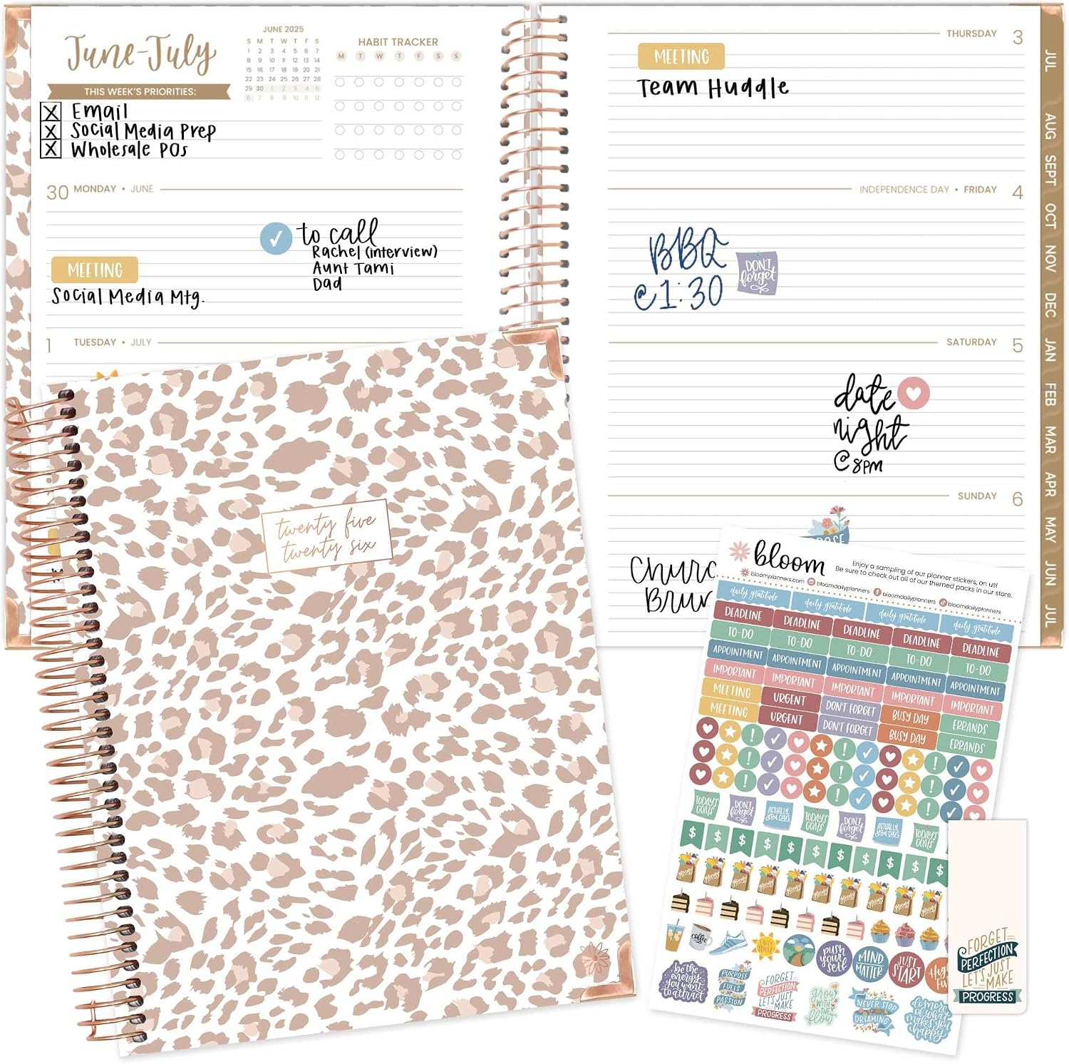 bloom daily planners HARDCOVER Planner 2025-2026 (8.5" x 11") Academic Year (July 2025 - July 2026) - Task Goal Organizer - Monthly & Weekly Inspirational Agenda Book - Tan Leopard