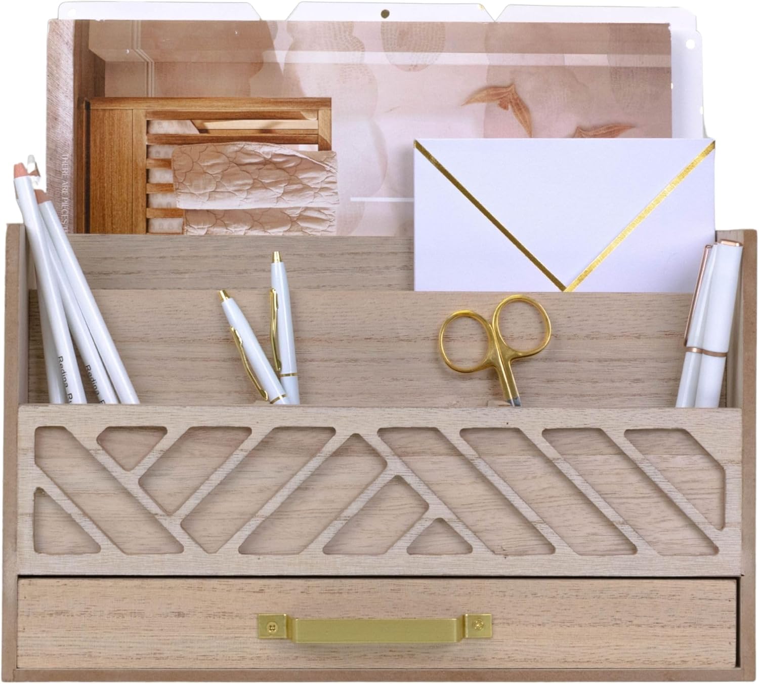 BLU MONACO Natural Mail Organizer with Drawer and Gold Handle  Desktop Mail Holder and Office Supplies Storage  Home Office Desk Accessories  Letter Sorter and Paper Organizer