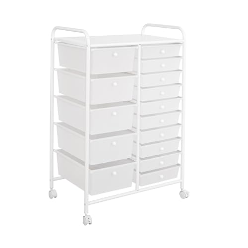Seville Classics Rolling Utility Organizer Storage Cart, for Home Office, School, Classroom, Scrapbook, Hobby, Craft, 15 Drawer, White