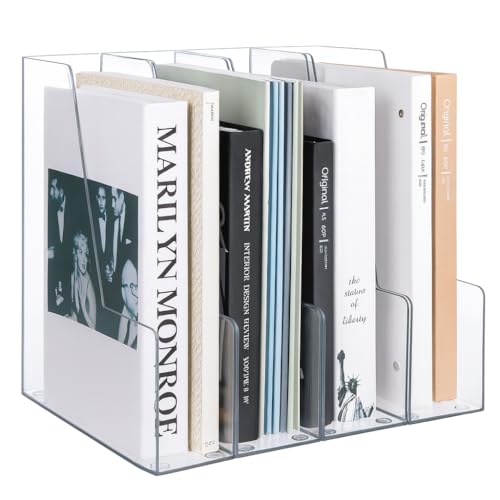 Vertical Magazine File Holder, Clear File Organizer Desk Organizer and Storage Bins Holding for Magazines, Binders, Notebooks, Envelopes, Plastic Office Organization and Storage for Desk, 4 pack