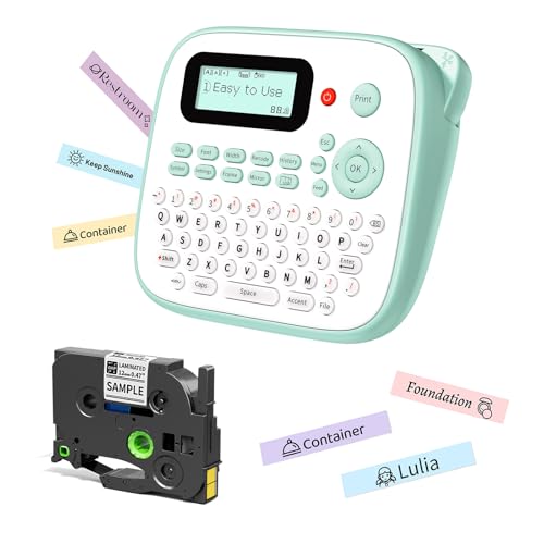 D210S Kids Label Maker, Label Maker Machine with Waterproof-Labels, Portable Keyboard Labeler Machine with-Tape 12mm 0.47 Laminated White, Multiple Symbols for Home Garden Office School Kids Use