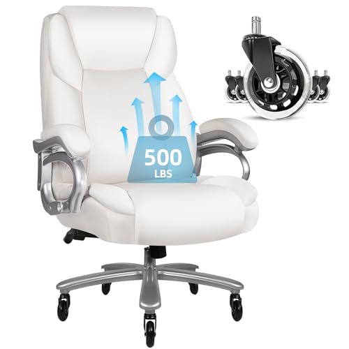 VITESSE 500lbs Heavy Duty Office Chair for Low Back Pain Relief, Big and Tall Office Chair with Ergonomic Lumbar Support, High Back Executive Chair with Quiet Rubber Wheel (White)
