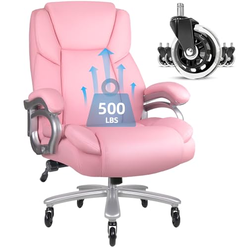 VITESSE 500lbs Heavy Duty Office Chair for Low Back Pain Relief, Big and Tall Office Chair with Ergonomic Lumbar Support, High Back Executive Chair with Quiet Rubber Wheel (Pink)