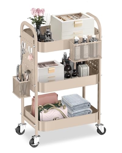 ALVOROG 3 Tier Rolling Cart with DIY Pegboards Metal Utility Cart with Wheels Handles Baskets Hooks, Craft Cart for Office Kitchen Bathroom(Khaki)