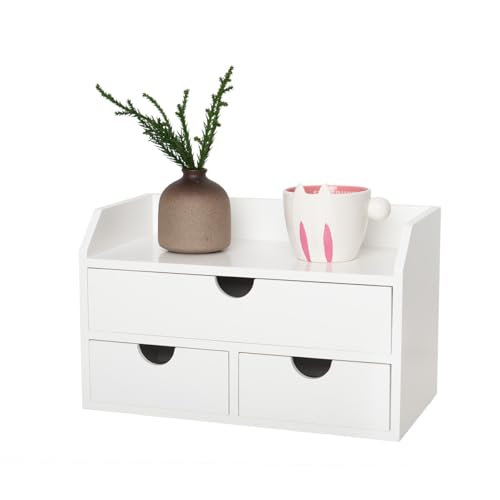 ROSE BLOOM White Wood Desk Organizer with 3 Drawer, Mini Cute Cabinet with Storage Shelf for Tabletop, Small Desktop Box Organizer for Cosmetic Office Supplies
