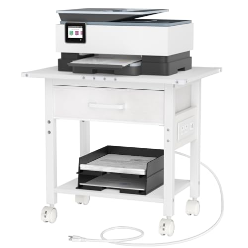 Lerliuo Under Desk Rolling Printer Stand with Charging Station and USB Ports, 2-Tier Printer Table Desk with Fabric Drawer, Printer Cart Holder with Lockable Wheels for Home, Office (White)
