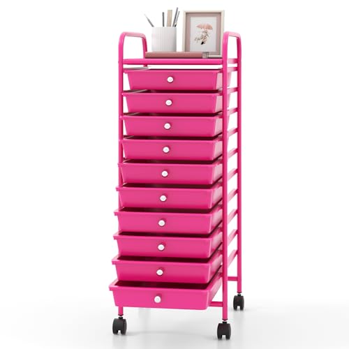 GOFLAME 10-Drawer Rolling Storage Drawer Cart, Utility Cart with Removable Drawers & Metal Frame, Mobile Art Craft Drawer Cart with Lockable Wheels for Home, Office, Studio, School, Hot Pink