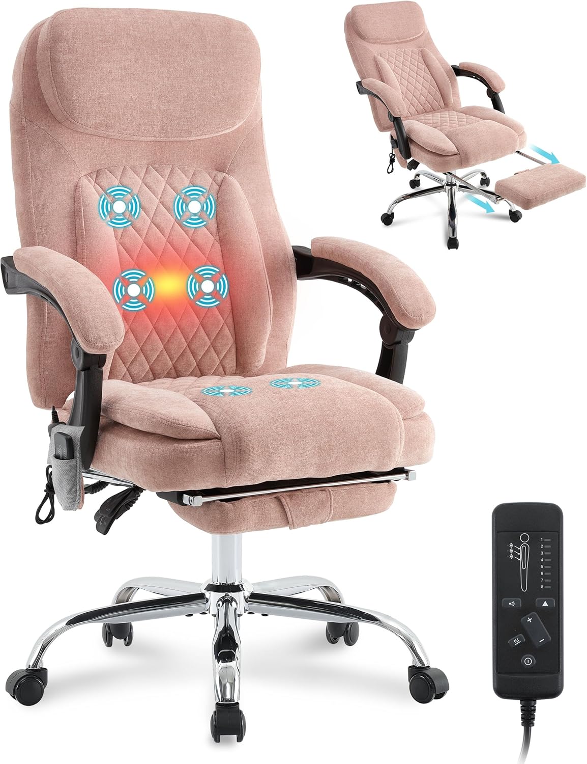 6-Point Massage Office Chair with Heated, Ergonomic Desk Chairs with Footrest & 135Reclining High Back, Big and Tall Executive Offices Chair 500LBS, Thick Cushion Gaming Chair for Home Office, Pink