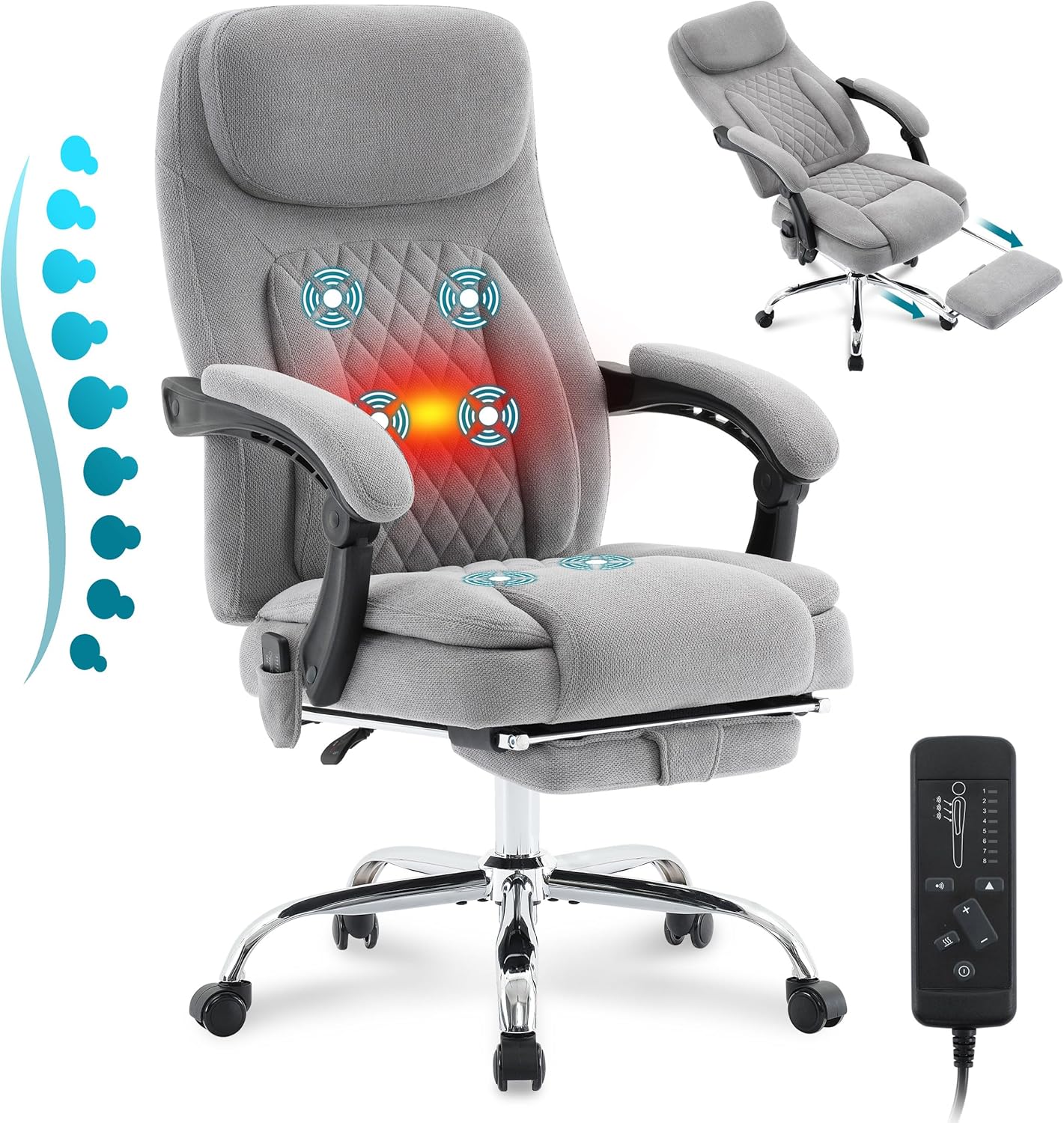 6-Point Massage Office Chair with Heated, Ergonomic Desk Chairs with Footrest & 135Reclining High Back, Big and Tall Executive Offices Chair 500LBS, Thick Cushion Gaming Chair for Home Office, Grey