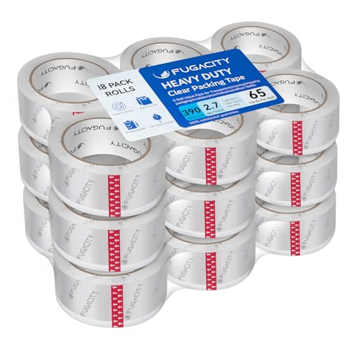 FugaCity Heavy Duty Clear Packing Tape Refills (18 Rolls), Packaging Tape for Moving Sealing, Moving Supplies Shipping Tape,2.7 Mil Thick, 2 in Wide,65 Yards Per Roll,Total 1170 Yards